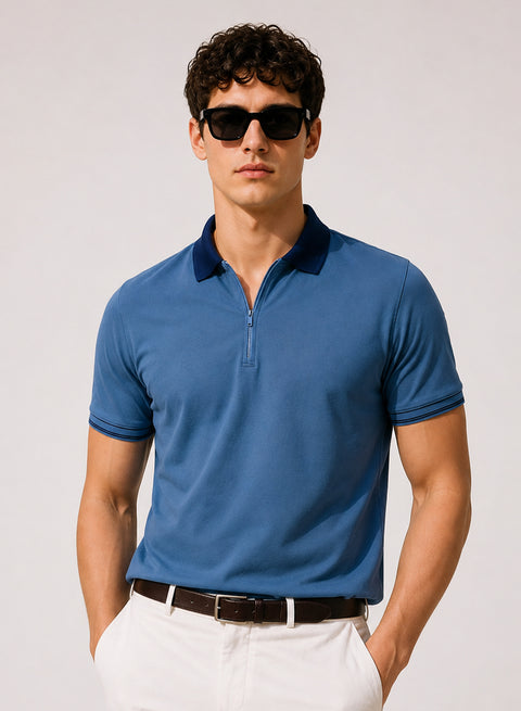 Mens Premium Cotton Polo T-Shirt | 220 GSM Soft Fabric | Casual stylish Look | Zipper Polo Design Polo T shirt | Polo Tshirt for All-Day Wear | Captain's Blue