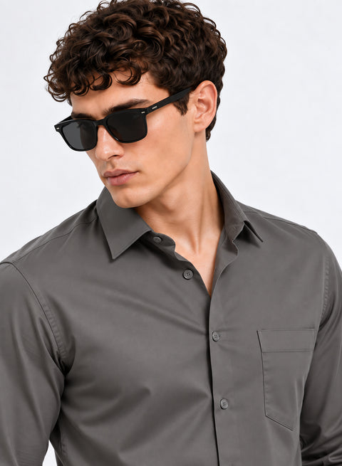 ADRO Men's Premium Cotton Satin Shirt | Solid Full Sleeve Casual Shirt | Regular Fit | Cement Grey