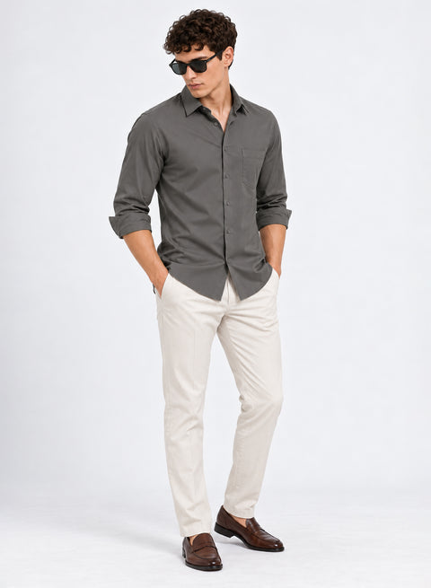 ADRO Men's Premium Cotton Satin Shirt | Solid Full Sleeve Casual Shirt | Regular Fit | Cement Grey