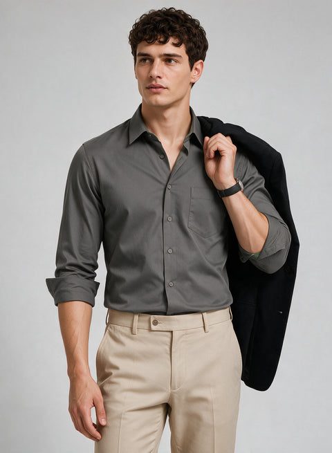 ADRO Men's Premium Cotton Satin Shirt | Solid Full Sleeve Casual Shirt | Regular Fit | Cement Grey