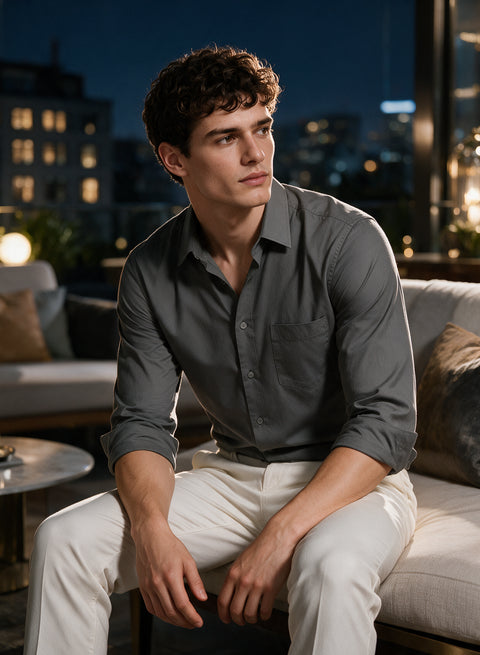 ADRO Men's Premium Cotton Satin Shirt | Solid Full Sleeve Casual Shirt | Regular Fit | Cement Grey