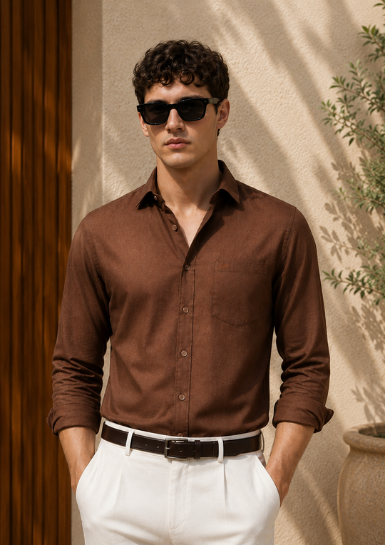 Men's Cocoa Cotton Linen Shirt | Textured Casual Shirt