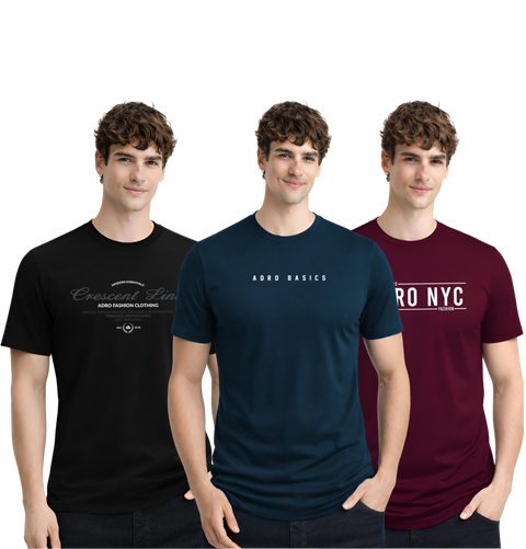 Men’s Cotton T-Shirt Combo Pack of 3 | Regular Fit | ADRO Basics Black, Teal Blue, Maroon