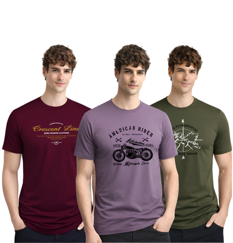 Men’s Cotton T-Shirt Combo Pack of 3 | Regular Fit | ADRO Basics Maroon, Lilac, Olive