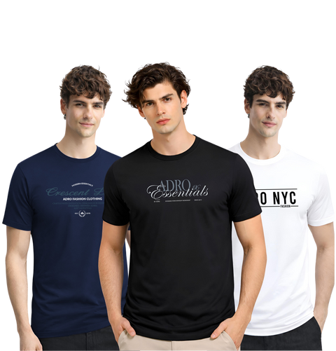 Men’s Cotton T-Shirt Combo Pack of 3 | Regular Fit | ADRO Basics Navy Blue, Black, White