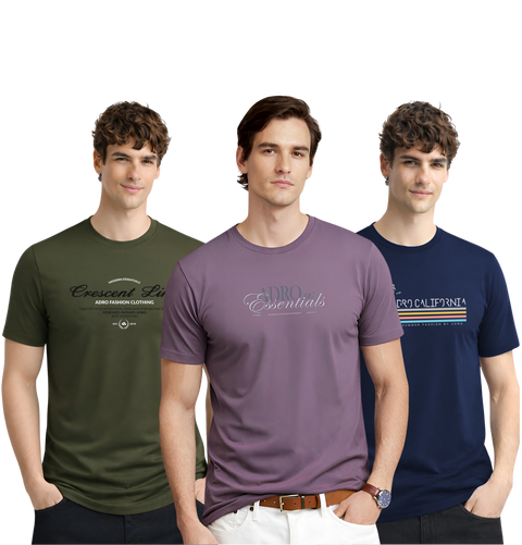 Men’s Cotton T-Shirt Combo Pack of 3 | Regular Fit | ADRO Basics Olive, Lilac, Navy Blue