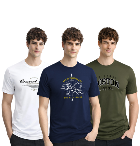 Men’s Cotton T-Shirt Combo Pack of 3 | Regular Fit | ADRO Basics White, Navy Blue, Olive
