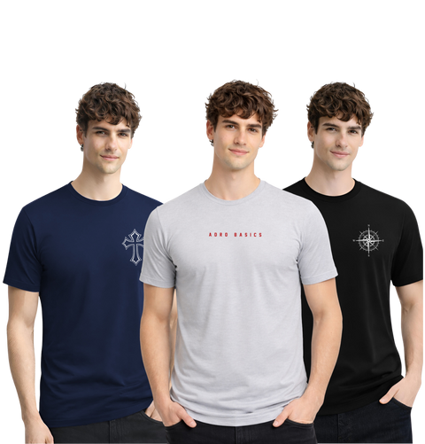 Men’s Cotton T-Shirt Combo Pack of 3 | Regular Fit | ADRO Basics Navy Blue, Grey, Black