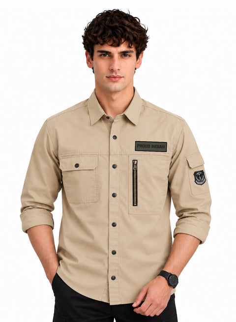 ADRO Cargo Shirts for Men with Patch| Full Sleeve Army Style Cargo Shirt | Beige | Regular Fit | Utility Multi Pocket Casual Shacket Style