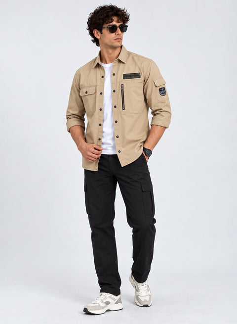 ADRO Cargo Shirts for Men with Patch| Full Sleeve Army Style Cargo Shirt | Beige | Regular Fit | Utility Multi Pocket Casual Shacket Style