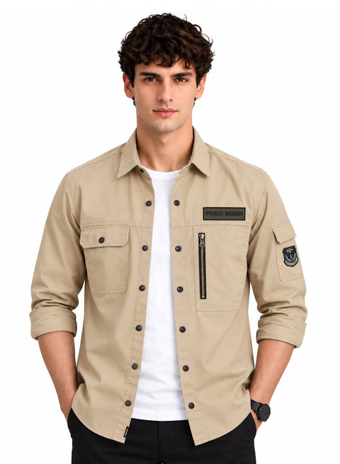 ADRO Cargo Shirts for Men with Patch| Full Sleeve Army Style Cargo Shirt | Beige | Regular Fit | Utility Multi Pocket Casual Shacket Style