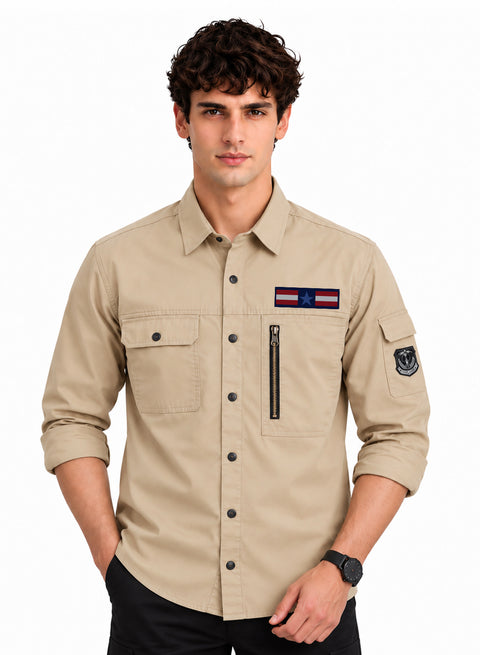ADRO Cargo Shirts for Men with Flag Patch | Full Sleeve Army Style Cargo Shirt | Beige | Regular Fit | Utility Multi Pocket Casual Shacket Style