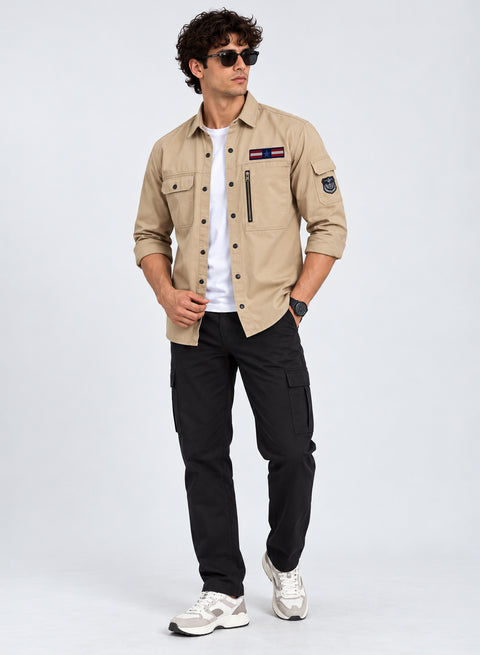 ADRO Cargo Shirts for Men with Flag Patch | Full Sleeve Army Style Cargo Shirt | Beige | Regular Fit | Utility Multi Pocket Casual Shacket Style