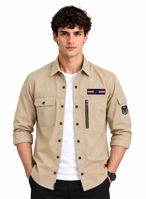 ADRO Cargo Shirts for Men with Flag Patch | Full Sleeve Army Style Cargo Shirt | Beige | Regular Fit | Utility Multi Pocket Casual Shacket Style