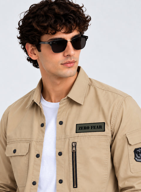 ADRO Cargo Shirts for Men with Patch | Full Sleeve Army Style Cargo Shirt | Beige | Regular Fit | Utility Multi Pocket Casual Shacket Style