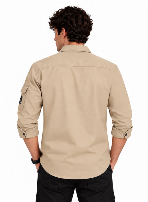 ADRO Cargo Shirts for Men with Patch | Full Sleeve Army Style Cargo Shirt | Beige | Regular Fit | Utility Multi Pocket Casual Shacket Style