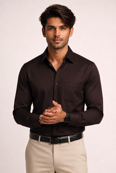 ADRO Premium Cotton Satin Shirt for Men | Casual Fit Solid Full Sleeve Shirt in Dark Chocolate Brown