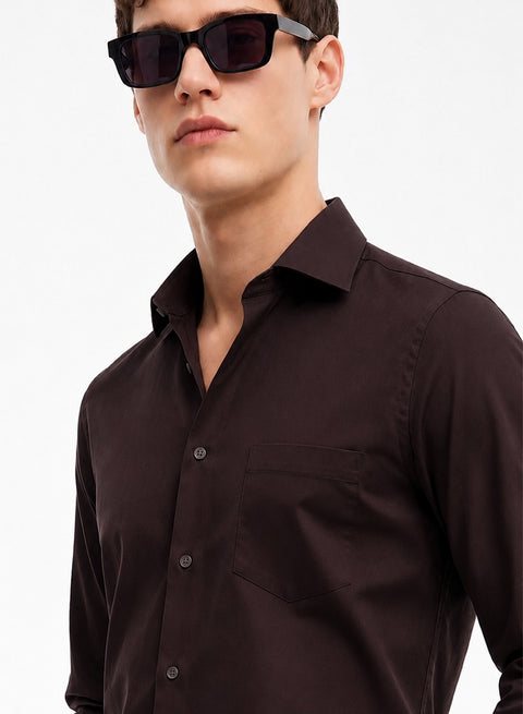 ADRO Premium Cotton Satin Shirt for Men | Casual Fit Solid Full Sleeve Shirt in Dark Chocolate Brown