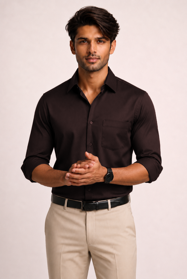 ADRO Premium Cotton Satin Shirt for Men | Casual Fit Solid Full Sleeve Shirt in Dark Chocolate Brown