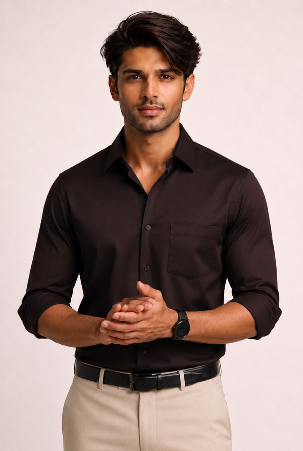 ADRO Premium Cotton Satin Shirt for Men | Casual Fit Solid Full Sleeve Shirt in Dark Chocolate Brown
