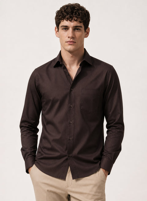 ADRO Premium Cotton Satin Shirt for Men | Casual Fit Solid Full Sleeve Shirt in Dark Chocolate Brown