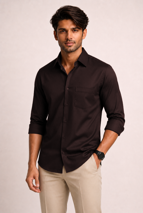 ADRO Premium Cotton Satin Shirt for Men | Casual Fit Solid Full Sleeve Shirt in Dark Chocolate Brown