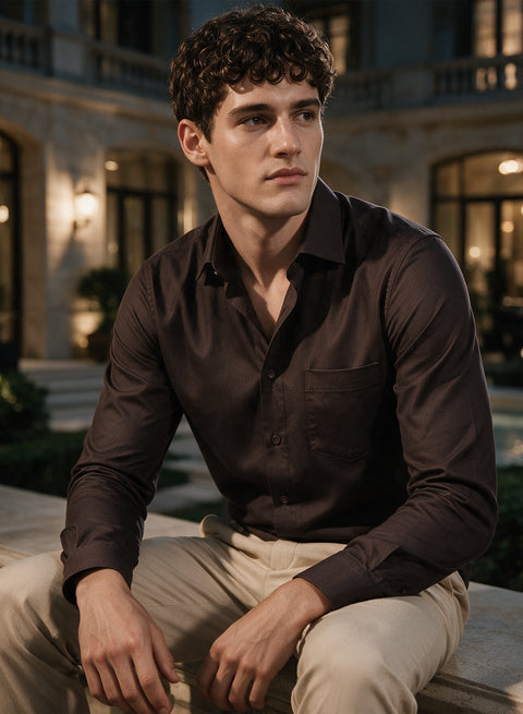 ADRO Men's Premium Cotton Satin Shirt | Solid Full Sleeve Casual Shirt | Regular Fit | Dark Brown