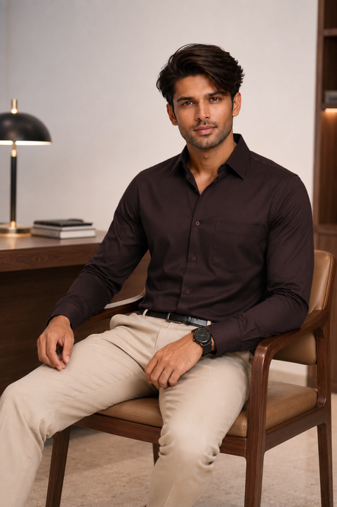 ADRO Premium Cotton Satin Shirt for Men | Casual Fit Solid Full Sleeve Shirt in Dark Chocolate Brown