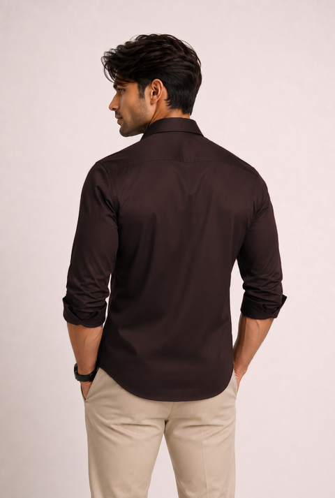 ADRO Premium Cotton Satin Shirt for Men | Casual Fit Solid Full Sleeve Shirt in Dark Chocolate Brown