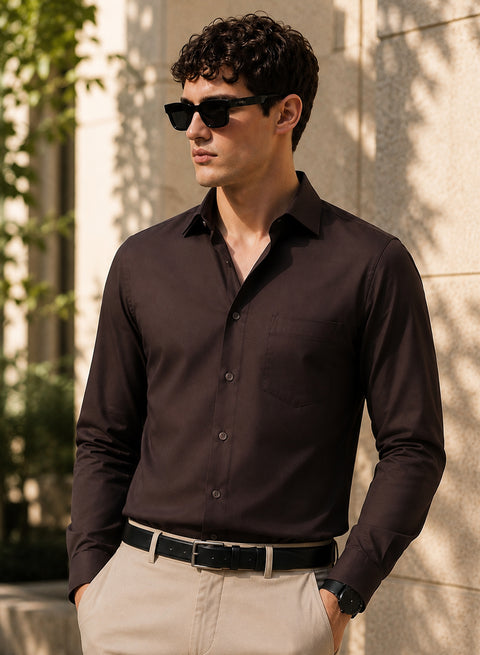 ADRO Men's Premium Cotton Satin Shirt | Solid Full Sleeve Casual Shirt | Regular Fit | Dark Brown