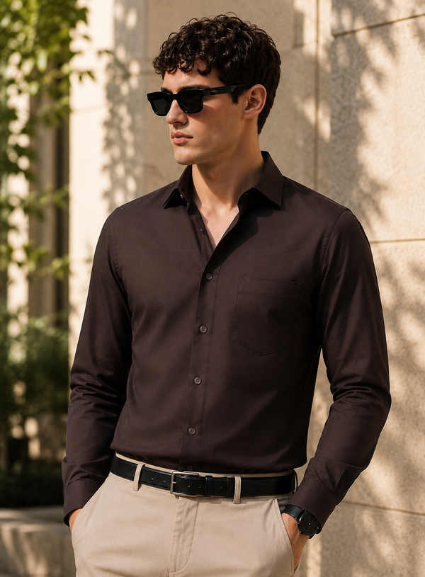 ADRO Premium Cotton Satin Shirt for Men | Casual Fit Solid Full Sleeve Shirt in Dark Chocolate Brown