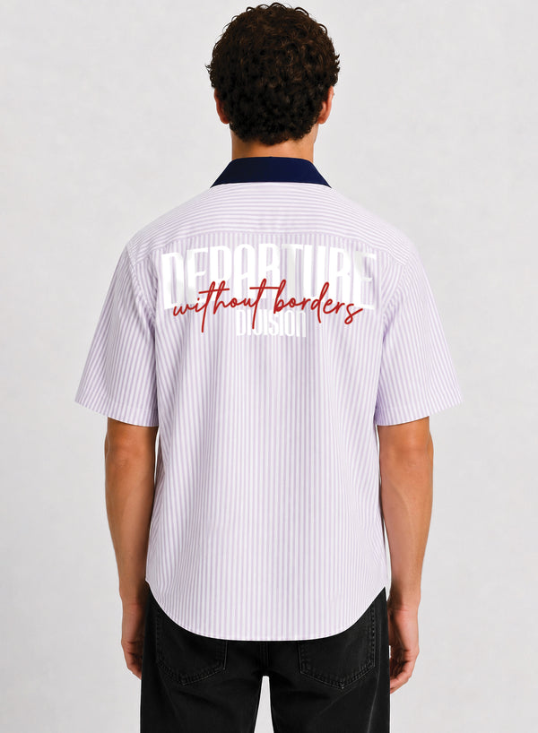 ADRO Without Borders Half Sleeve Striped Shirt for Men | Cotton Blend Casual Shirts | Relaxed Fit Contrast Collar Summer Wear | Lavender