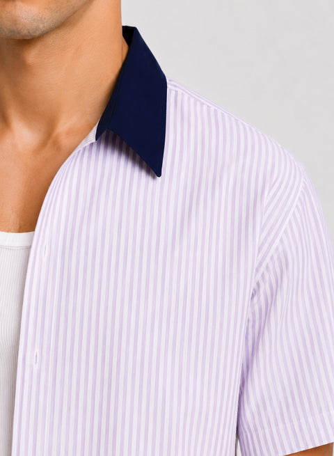 ADRO Without Borders Half Sleeve Striped Shirt for Men | Cotton Blend Casual Shirts | Relaxed Fit Contrast Collar Summer Wear | Lavender