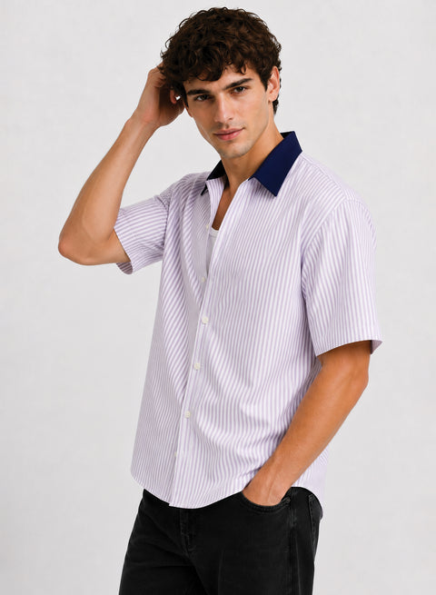 ADRO Without Borders Half Sleeve Striped Shirt for Men | Cotton Blend Casual Shirts | Relaxed Fit Contrast Collar Summer Wear | Lavender