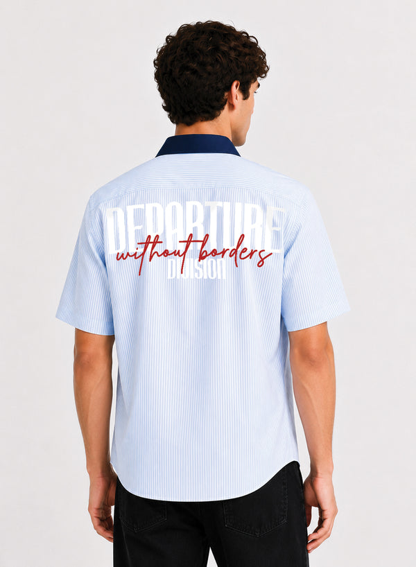 ADRO Without Borders Half Sleeve Striped Shirt for Men | Cotton Blend Casual Shirts | Relaxed Fit Contrast Collar Summer Wear | Sky Blue