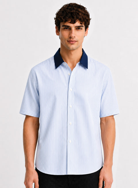 ADRO Without Borders Half Sleeve Striped Shirt for Men | Cotton Blend Casual Shirts | Relaxed Fit Contrast Collar Summer Wear | Sky Blue