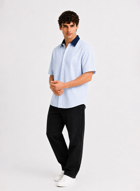 ADRO Without Borders Half Sleeve Striped Shirt for Men | Cotton Blend Casual Shirts | Relaxed Fit Contrast Collar Summer Wear | Sky Blue