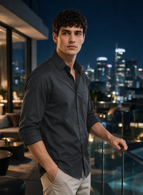 ADRO Men's Premium Cotton Satin Shirt | Solid Full Sleeve Casual Shirt | Regular Fit | Dark Grey