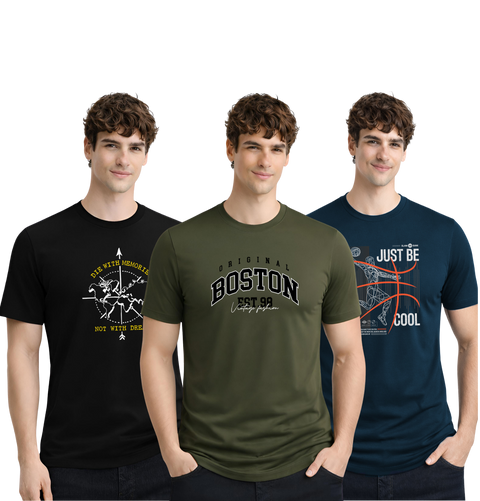 Men’s Cotton T-Shirt Combo Pack of 3 | Regular Fit | ADRO Basics Black, Olive, Teal Blue