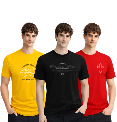 Men’s Cotton T-Shirt Combo Pack of 3 | Regular Fit | ADRO Basics Mustard, Black, Red