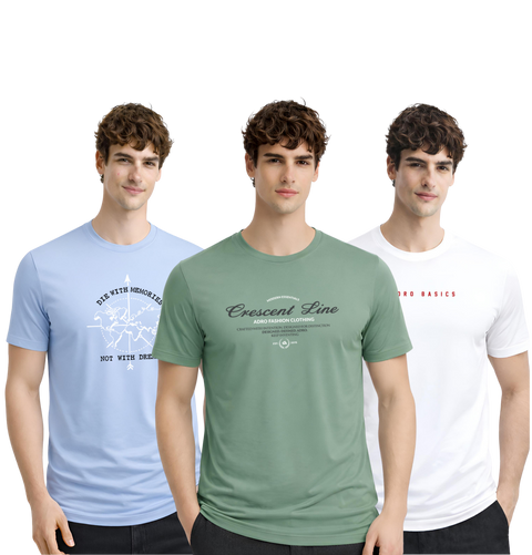 Men’s Cotton T-Shirt Combo Pack of 3 | Regular Fit | ADRO Basics Sky Blue, Pista, White