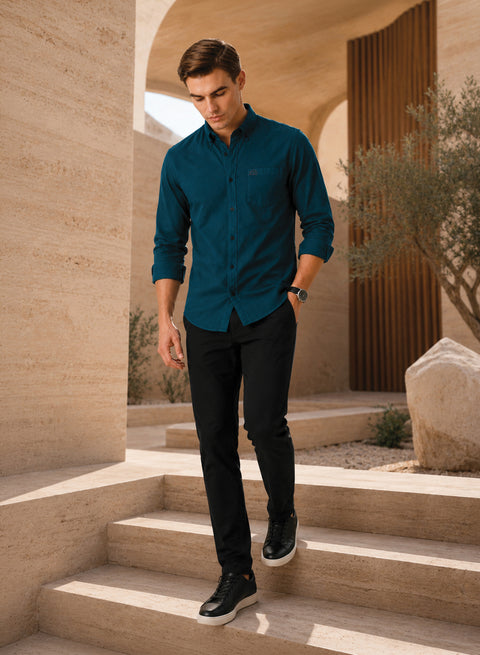 ADRO Men's Premium Oxford Cotton Shirt | Full Sleeve Casual Shirt | Regular Fit | Teal Blue
