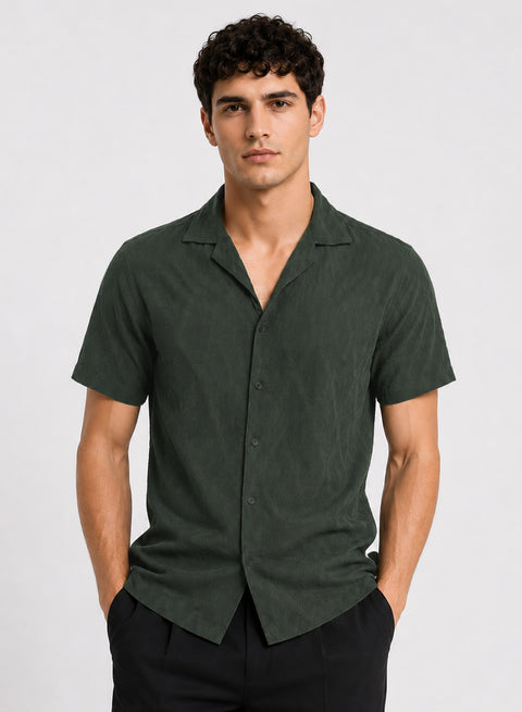 ADRO Men's Textured Cuban Collar Jacquard Shirt - Forest Green
