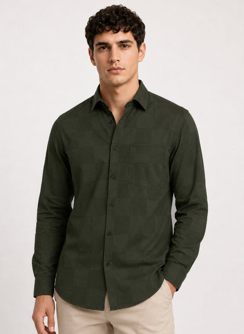 ADRO Men's Textured Windowpane Check Shirt - Dark Olive Green