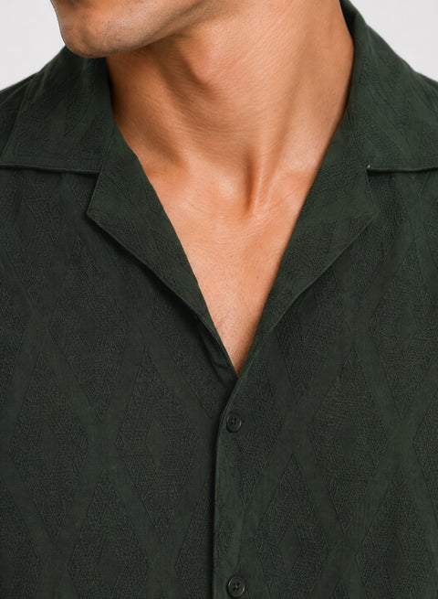 ADRO Men's Textured Cuban Collar Jacquard Shirt - Forest Green