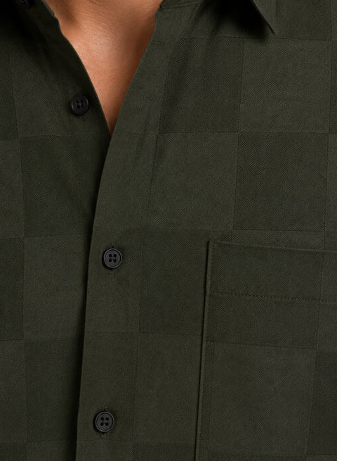 ADRO Men's Textured Windowpane Check Shirt - Dark Olive Green