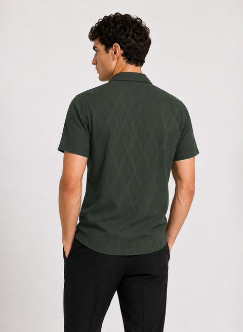 ADRO Men's Textured Cuban Collar Jacquard Shirt - Forest Green
