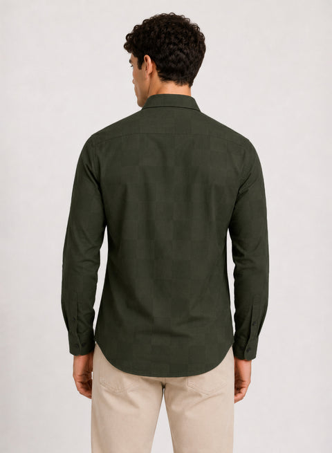 ADRO Men's Textured Windowpane Check Shirt - Dark Olive Green