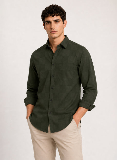 ADRO Men's Textured Windowpane Check Shirt - Dark Olive Green