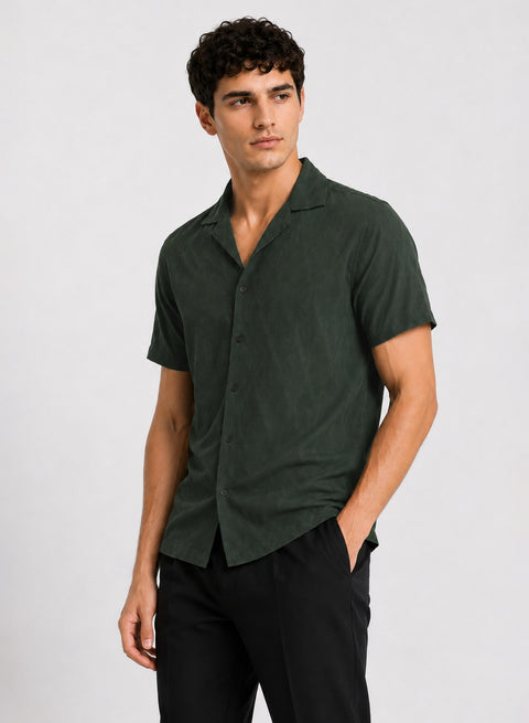 ADRO Men's Textured Cuban Collar Jacquard Shirt - Forest Green